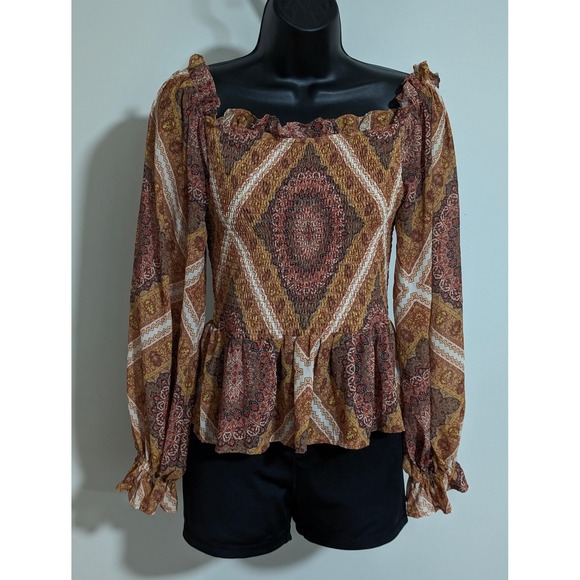 Flying Tomato Peasant Blouse Smocked Ruffle Long Sleeve Top Boho Chic Large - Picture 1 of 5
